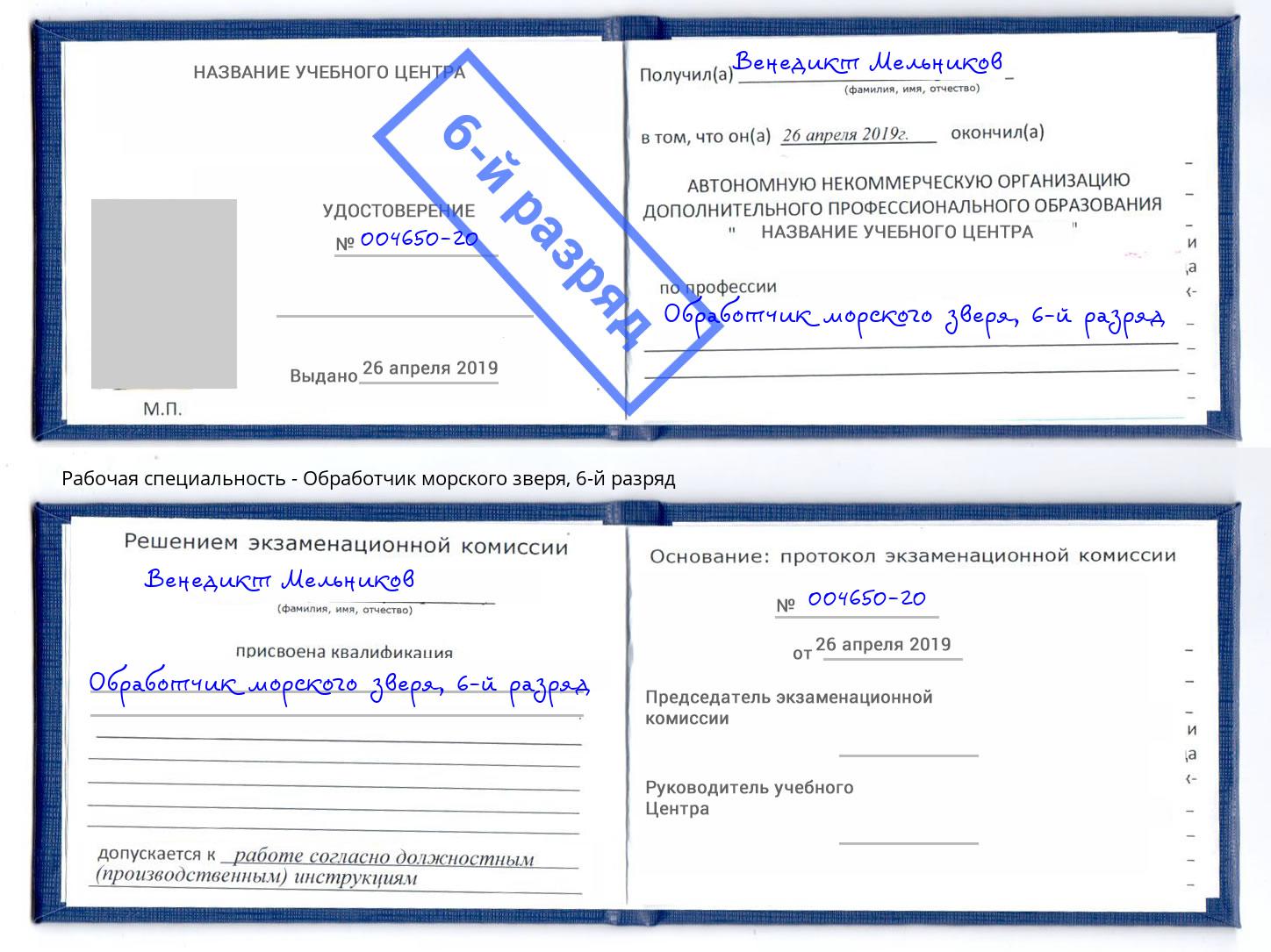 корочка 6-й разряд Обработчик морского зверя Лабинск