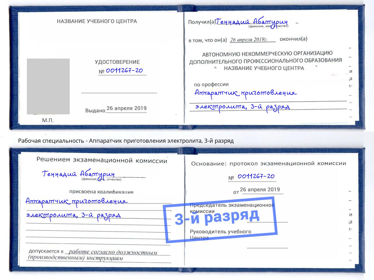 корочка 3-й разряд Аппаратчик приготовления электролита Лабинск