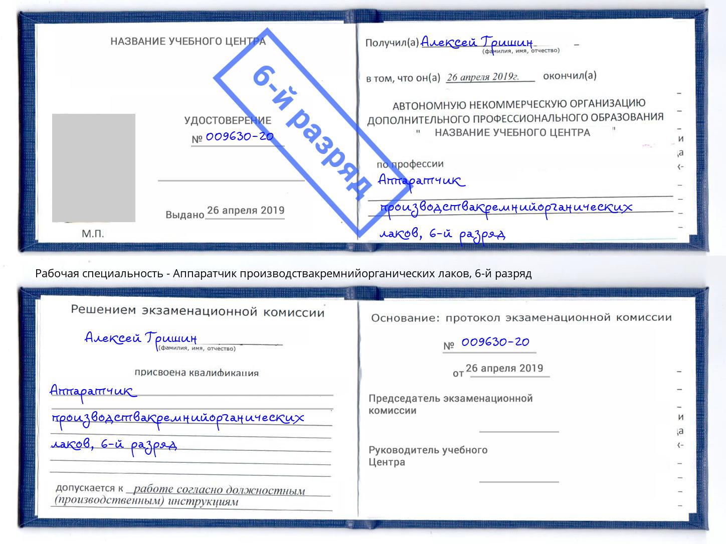 корочка 6-й разряд Аппаратчик производствакремнийорганических лаков Лабинск