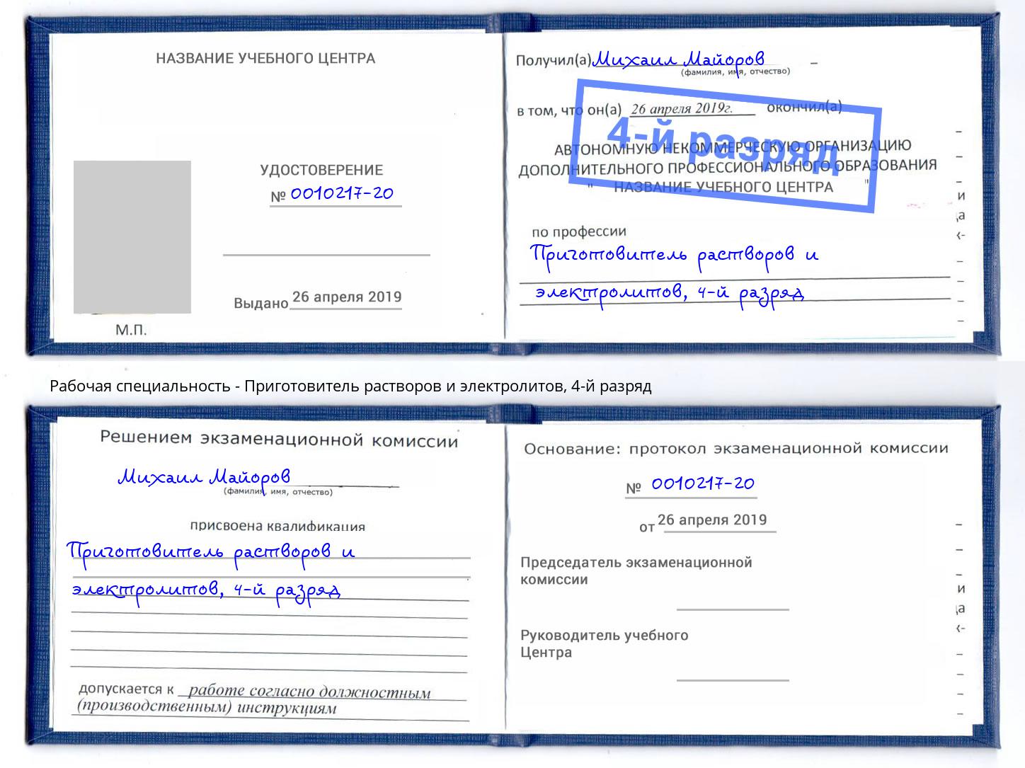 корочка 4-й разряд Приготовитель растворов и электролитов Лабинск