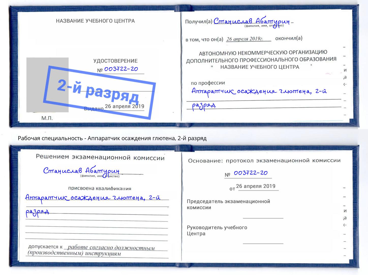корочка 2-й разряд Аппаратчик осаждения глютена Лабинск