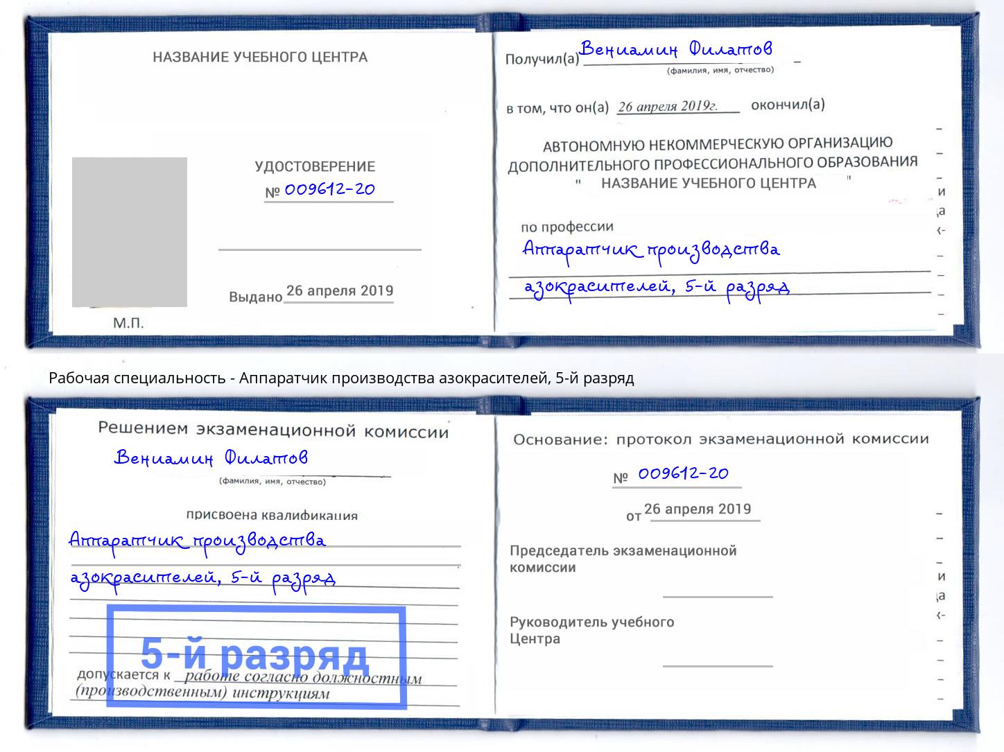 корочка 5-й разряд Аппаратчик производства азокрасителей Лабинск